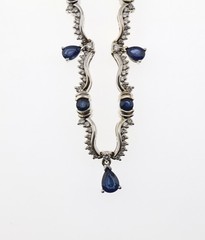 14K White Gold Natural Sapphire & Diamond Necklace 17.5″