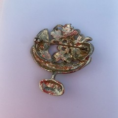 Vintage Fruit Bowl Brooch Apple Watermelon Grapes Gold Tone