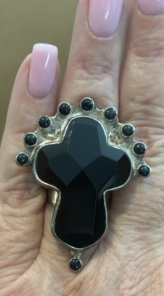 Vintage Darla N Native American Onyx/Silver Cross Ring Adjustable 30g