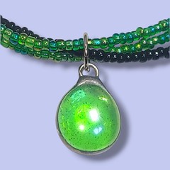 Sterling Silver Green Glass Pendant Necklace Multi Strand Seed Beads 15″