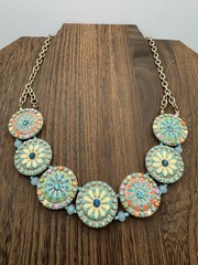 Vintage Boho Hippie Multicolor Enamel Flower Coin Beaded Goldtone Chain Necklace