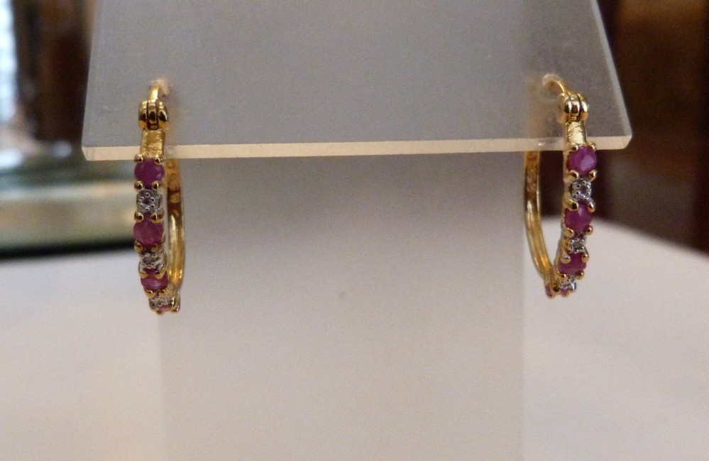 ROSS SIMONS 1/2 CARAT RUBY DIAMOND 18K GOLD OVER STERLING SILVER HOOP EARRINGS