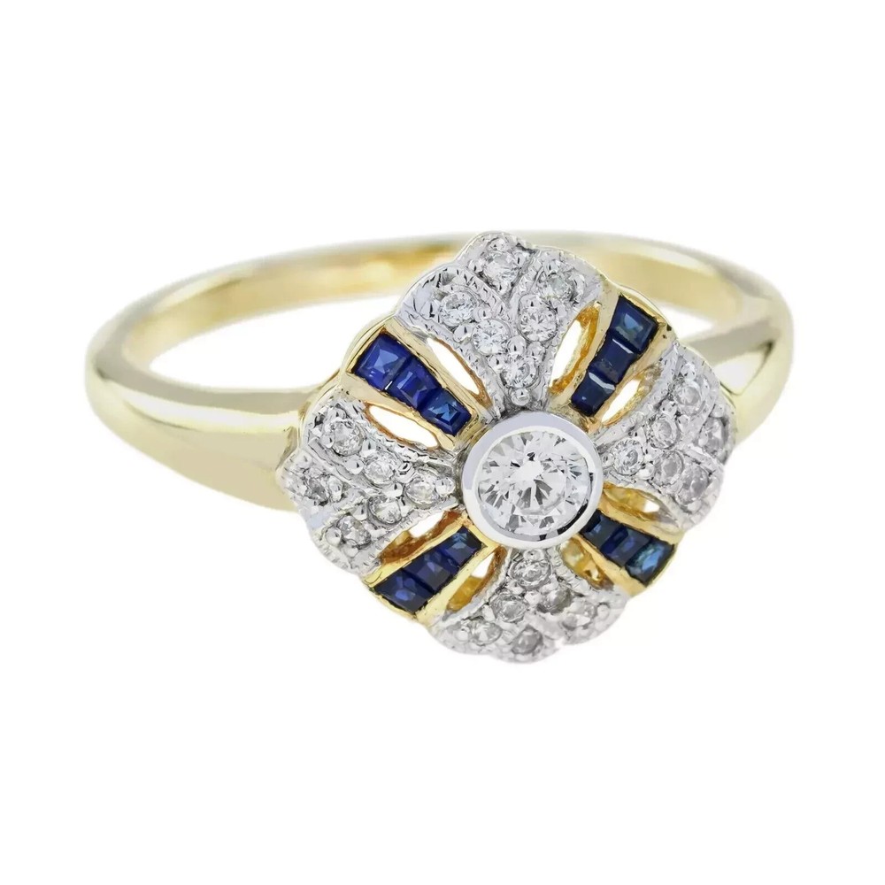 Art Deco Style Lab Created Diamond Sapphire Wedding Ring 14K Yellow Gold Finish