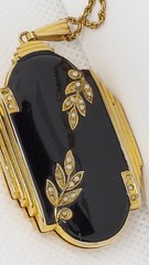 Large GF art deco black enamel Photo Locket Pendant Gold Filled Chain VTG Evans