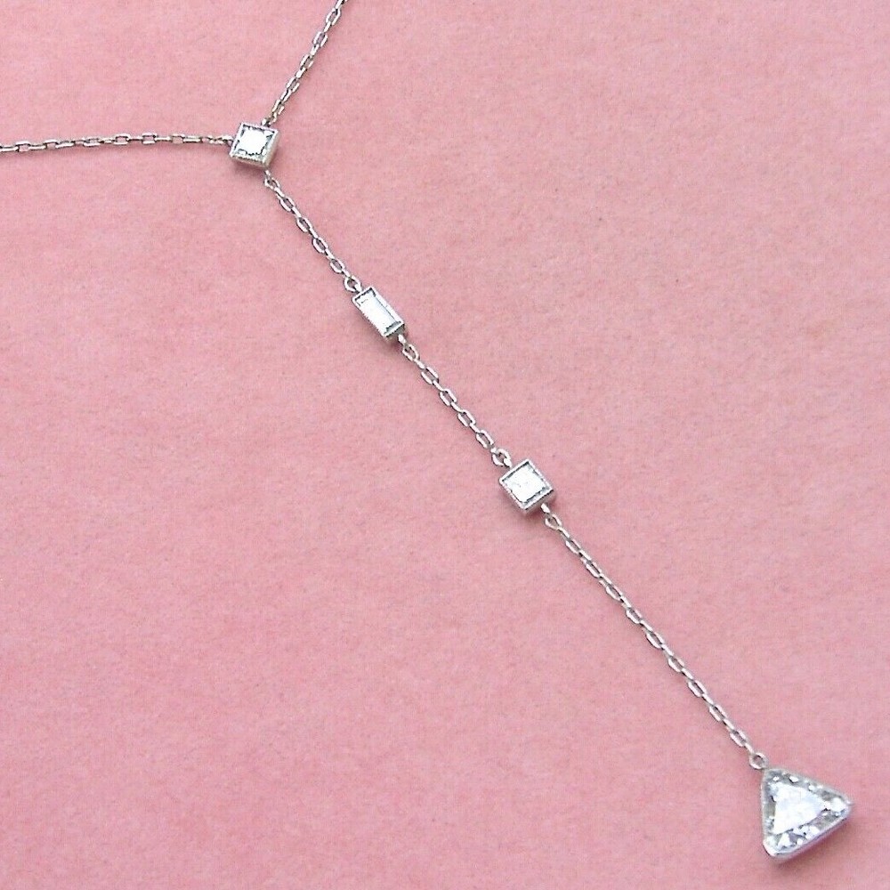 ESTATE ART DECO 1.03ct TRILLION DIAMOND LINE DROP PLATINUM LARIAT CHAIN NECKLACE