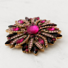 Fuchsia Burgundy Rhinestone Statement Brooch, Gold Tone Floral Starburst Pin