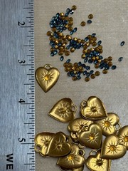 25 Vintage Brass Heart Charms w/ Swarovski Crystal Center – Choose Color – NOS J