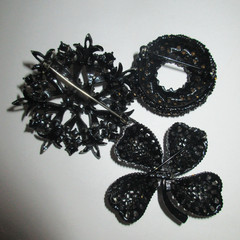 3 Vintage Mid-Century Jet Black Rhinestone Brooches Set Japanned Metal