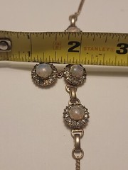 Vintage Faux Fire Opal Cabochon Clear Rhinestone Necklace Drop Pendant 15.5″
