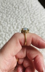 Vintage Oval Round Cabochon Opal 14KP Plump Gold Diamond Gem 3.18g Size 6.5 Ring