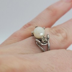 Vintage 925 Sterling Silver Sculptural Organic Pearl Diamond CZ Ring Size 5.25