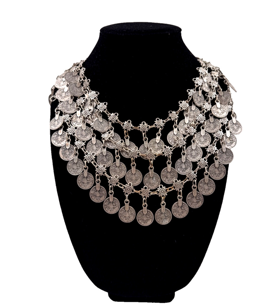 ANTIQUE COIN NECKLACE 3 LAYERS OF COINS SILVER ALLOY ETHNIC BIB SIGNIFICANT UNIQ
