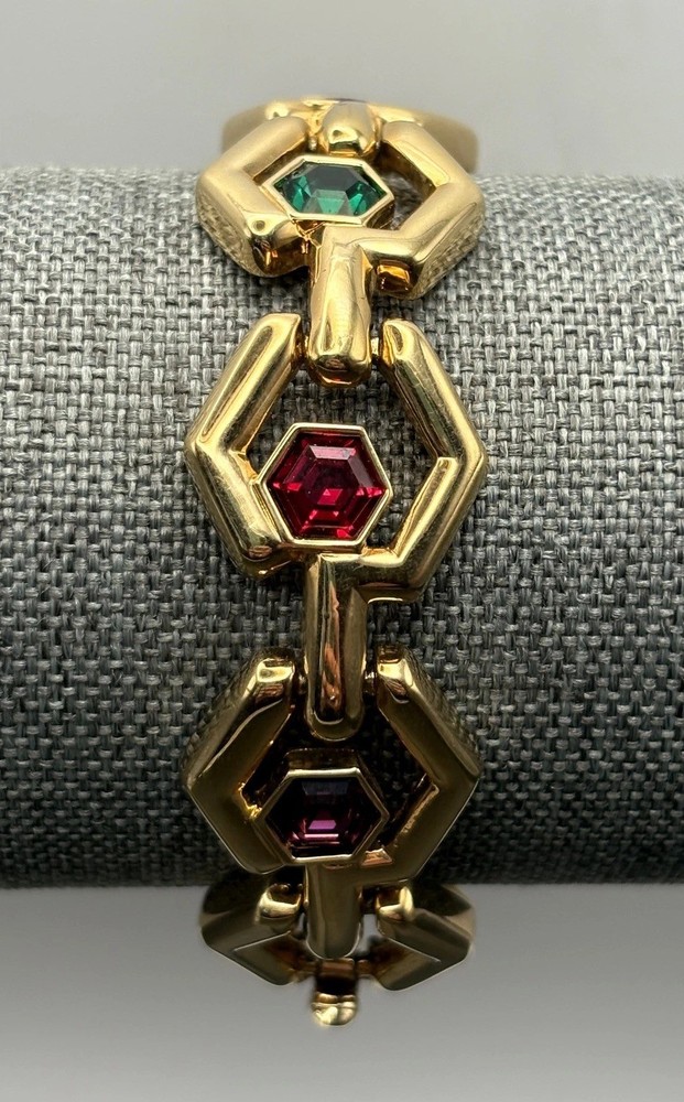 VTG 80s SWAROVSKI SWAN Gold Tone Hexagon Link Bracelet Green Purple Red Crystal