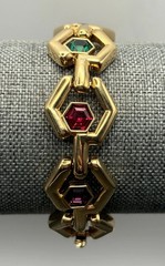 VTG 80s SWAROVSKI SWAN Gold Tone Hexagon Link Bracelet Green Purple Red Crystal