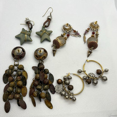Vintage Lot of 4 Boho Statement Earrings Mixed Materials Wood Metal Beads Star