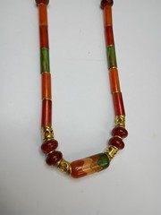 28″ Vintage Plastic Bead Stone Necklace Gold Tone Accent Beads Layer Orange Gree