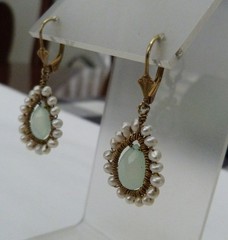 GOLD OVER STERLING SILVER BRIOLETTE AQUA CHALCEDONY FRESHWATER PEARL EARRINGS