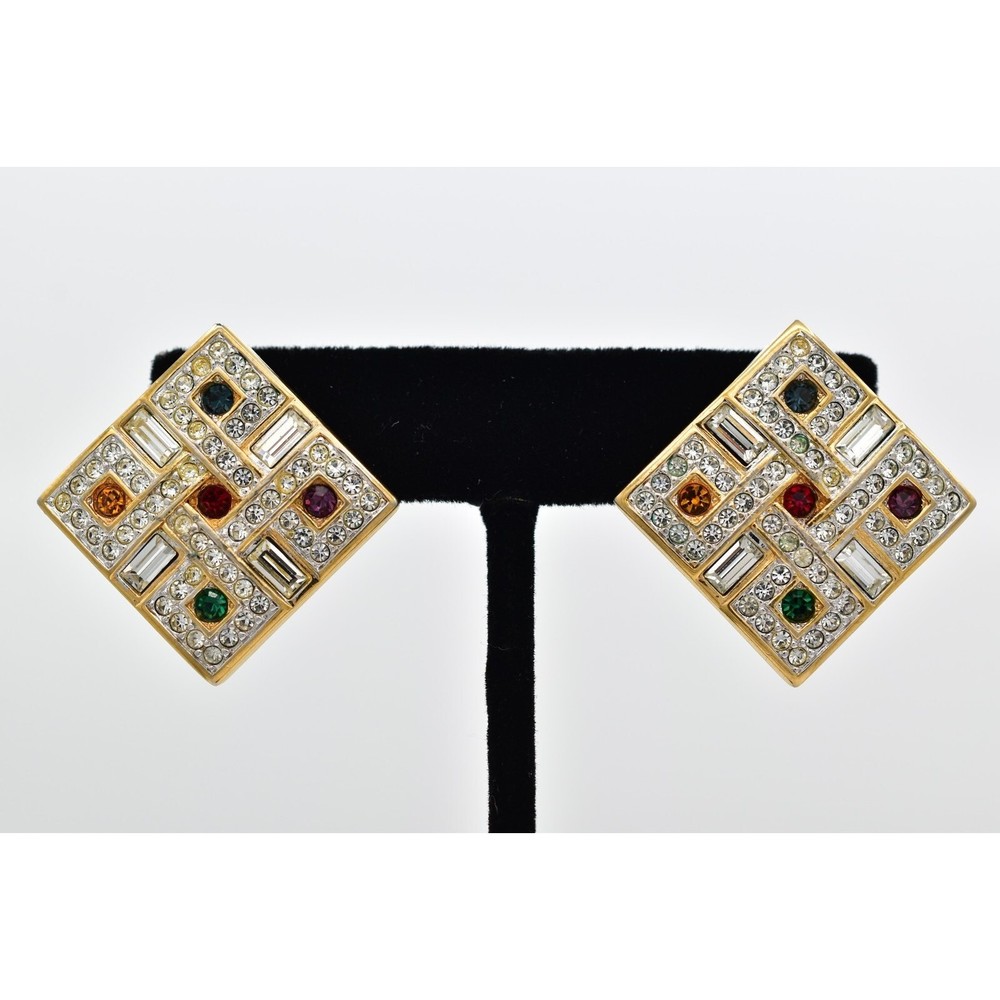Swarovski Vintage Crystal Clip On Earrings Gold Chunky Multi-Color Signed BinBF