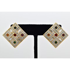 Swarovski Vintage Crystal Clip On Earrings Gold Chunky Multi-Color Signed BinBF