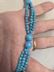Vtg turquoise color blue beaded 3 strand spacer satin Necklace