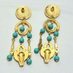 Vintage Estate Mayan Aztec Inspired Beaded Dangle Nepali Coin Earrings