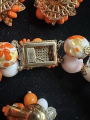 Vintage Vendome Necklace Earrings Orange, White And Gold Plated Unique Beads 15”