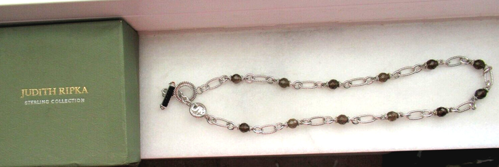 Judith Ripka Sterling Silver Smoky Quartz and 22″ Link Necklace JR Box & /Pouch