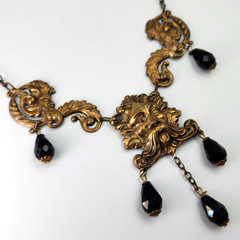 Green Man Art Nouveau Style Stamped Brass Necklace Jet Black Faceted Beads 18″