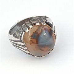 Sterling Silver Ring Men’s Vintage Natural Brown Stone Signet Pinky Retro Bold
