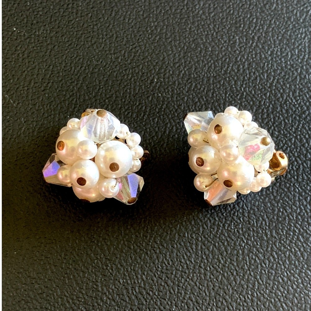 Vintage Japan Pearl Cluster Clip On Earrings AB Crystal Beaded