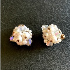Vintage Japan Pearl Cluster Clip On Earrings AB Crystal Beaded