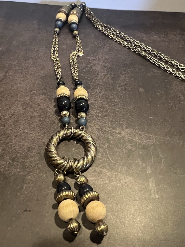 Vintage Boho Beaded Pendant Necklace – Mixed Metal & Wood Beads, 16” Long