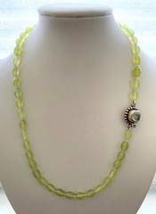 Vintage Green Prehnite Oval Bead Necklace Hand Knotted Sterling Clasp Prehnite