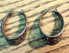 Vtg Sterling Silver 925 Cut Out Hoop Pierced Hinged Post Earrings
