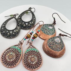 Vintage Copper & Bronze Tone Teardrop Earring Lot 3 Pair Filigree Patina Set