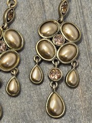 Topaz Faux Pearl Cabochon & Rhinestone Dangle Drop Earrings Vintage 2.5 Inches