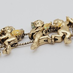 Cherub Angels Iridescent Glitter Wings Gold Tone Vtg Slide Bracelet 7.5 Inch