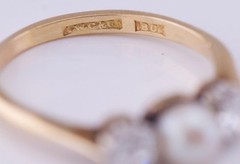 Antique Victorian Two Stones Ladies Ring 18k Gold,0.80ct Diamonds Pearl AWC&Co