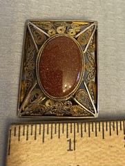 Vintage Silver Vermeil Filigree Aventurine Goldstone Brooch Pendant Handcrafted