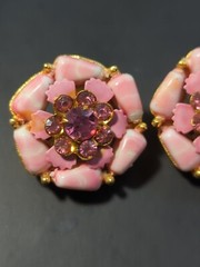 Vintage Selro Selini Pink Clip On Earrings Rhinestone Flowers Designer Summer