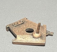 JJ Jonette Pewter Bird House Pin Brooch Antiqued Bronze Color 7/8 inch