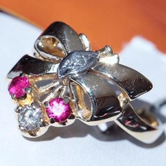 14k multi tone gold 1930’s size 6.5 bow ring 0.39ct treated ruby diamond 3.8gr
