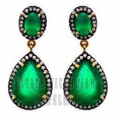 Vintage 1.91Ctw Rose Cut Diamond Emerald Studded Silver Stunning Earring Jewelry