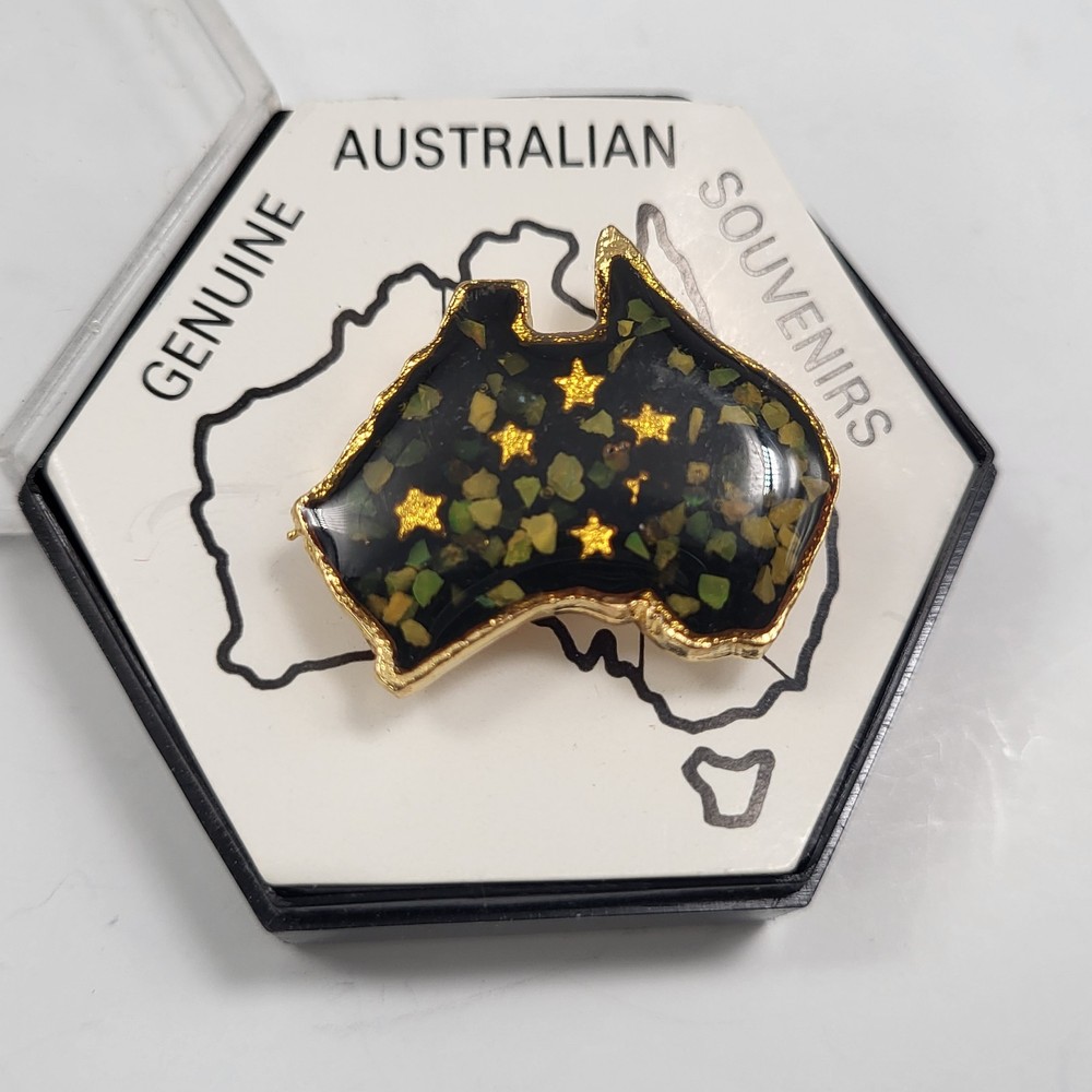 Vintage Australia Map Brooch Opal encased Inlay Goldtone Pin Souvenir Jewelry