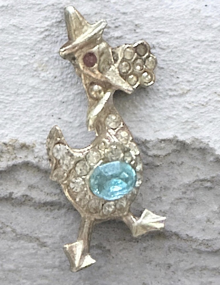 VTG Duck Brooch Pin Top Hat Clear Rhinestones Blue Cabochon Gold Tone