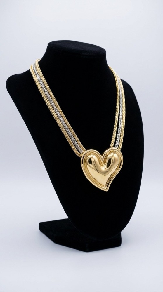 Two Tone Gold Silver Mesh Chain Choker Puffy Heart Pendant Necklace