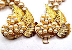 Vintage Celebrity NY 2 Strand Faux Pearl Necklace Floral Rhinestone, Pearl Clasp