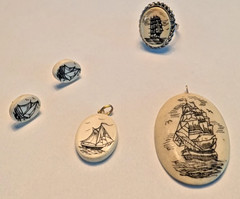 Vintage Scrimshaw Pendant with Ring and Scrimshaw Faux Pendant with Ear Rings