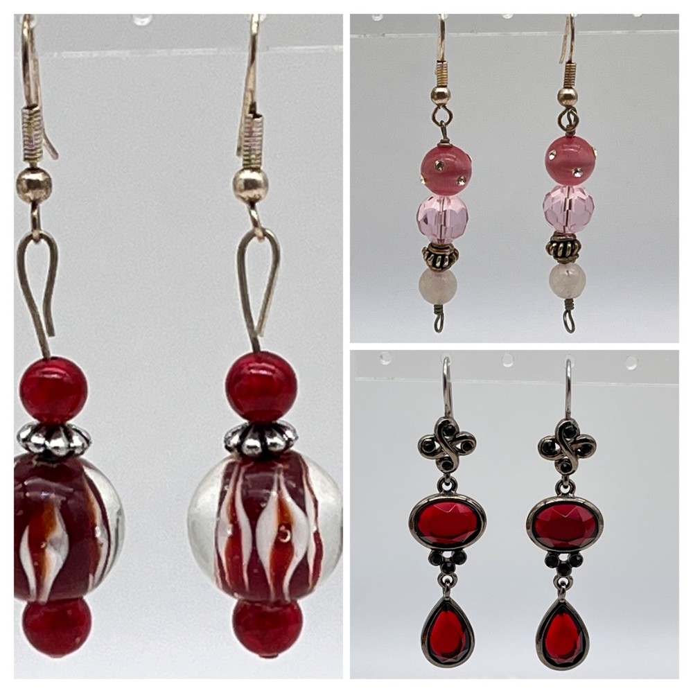 Red Pink Glass Earring Lot of 3 Pairs Dangle Drop