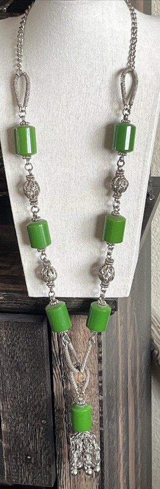 Vintage Handmade Green Beaded Boho Ethnic Necklace Africa Artisan Jewelry Bells